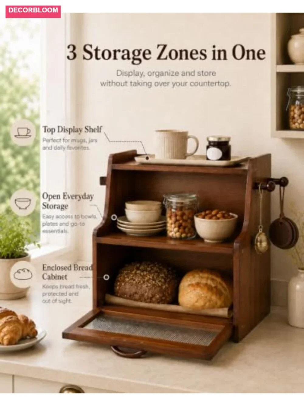FSC-Certified Bamboo Bread Box with Shelf, Double-Layer Kitchen Countertop